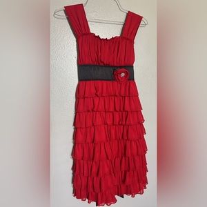 Girl Red dress ruffles with black tie / red rose with rhinestones